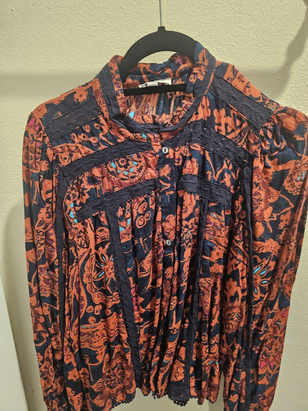 Navy and Orange Printed Button-Front Women's Blouse